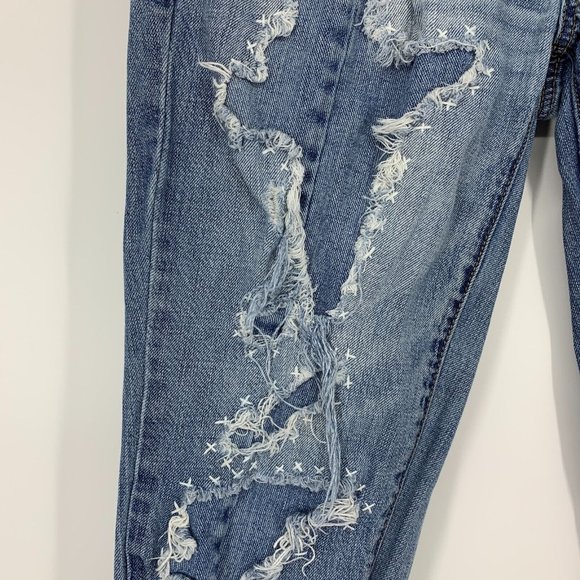 American Eagle Jeans Boy Crop Button Fly Blue Distressed Denim - Picture 5 of 12